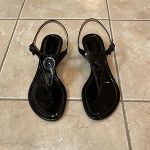 Michael Kors black patent leather wedge thong sandals